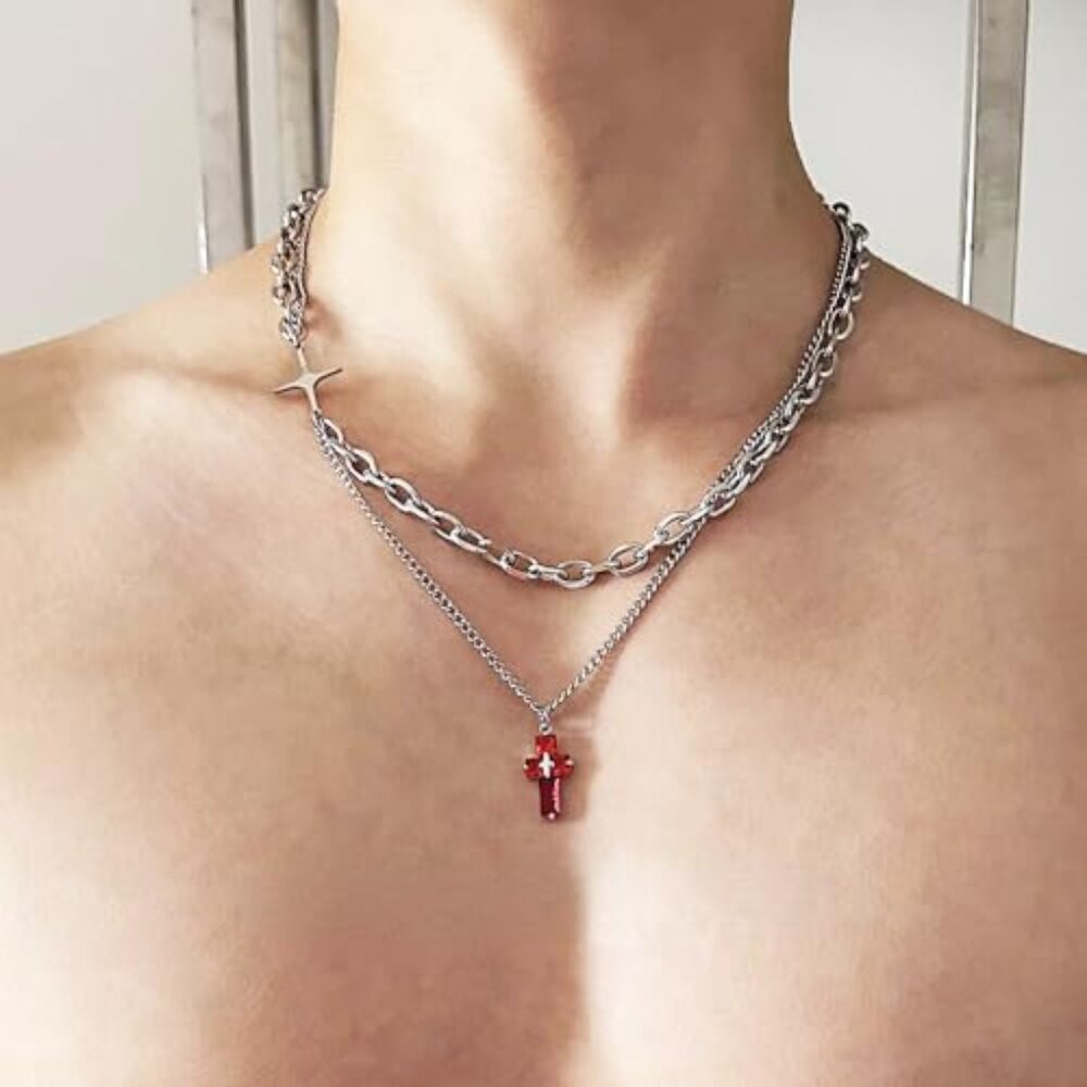 Gothic Cross Necklace Stainless Steel Y2K Layered Paper Clip Chain Pendant - Picture 3 of 8